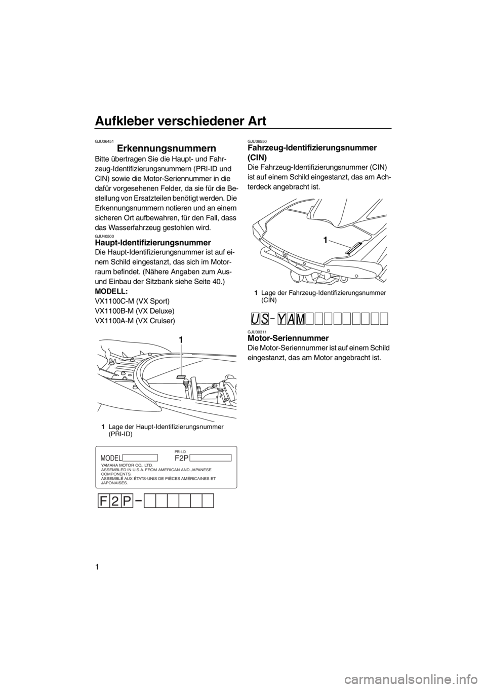 YAMAHA VX 2013 Betriebsanleitungen (in German) Aufkleber verschiedener Art
1
GJU36451
Erkennungsnummern
Bitte übertragen Sie die Haupt- und Fahr-
zeug-Identifizierungsnummern (PRI-ID und
CIN) sowie die Motor-Seriennummer in die
dafür vorgeseh YAMAHA VX 2013 Betriebsanleitungen (in German) Aufkleber verschiedener Art
1
GJU36451
Erkennungsnummern
Bitte übertragen Sie die Haupt- und Fahr-
zeug-Identifizierungsnummern (PRI-ID und
CIN) sowie die Motor-Seriennummer in die
dafür vorgeseh