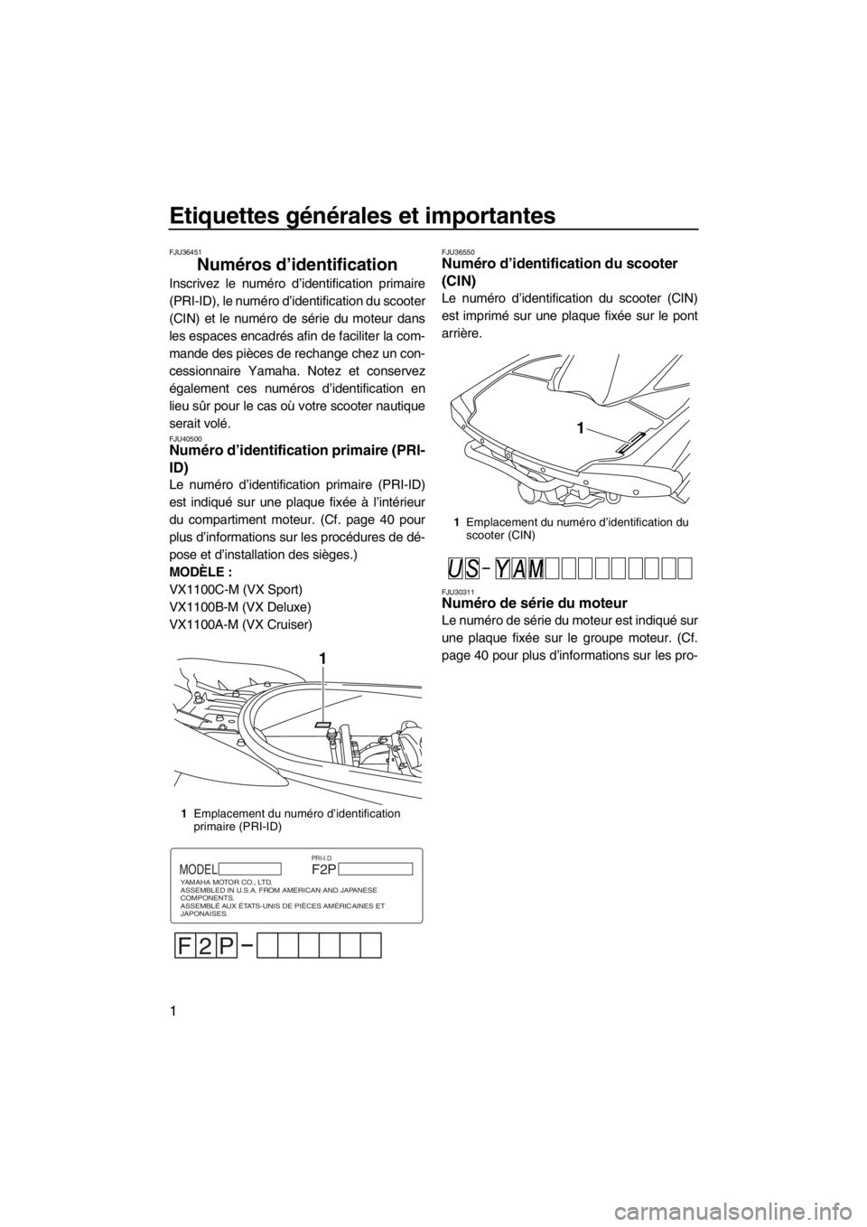 YAMAHA VX 2013  Notices Demploi (in French) Etiquettes générales et importantes
1
FJU36451
Numéros d’identification 
Inscrivez le numéro d’identification primaire
(PRI-ID), le numéro d’identification du scooter
(CIN) et le numéro de