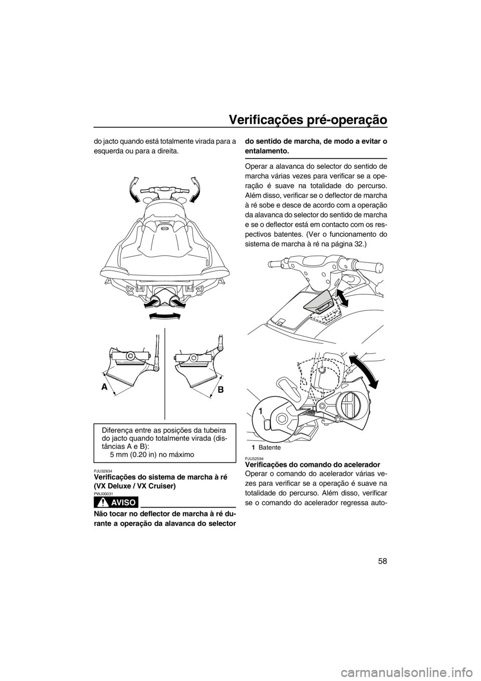 YAMAHA VX 2013 Manual de utilização (in Portuguese) Verificações pré-operação
58
do jacto quando está totalmente virada para a
esquerda ou para a direita.
PJU32634Verificações do sistema de marcha à ré
(VX Deluxe / VX Cruiser)
AV I S O
PWJ0 YAMAHA VX 2013 Manual de utilização (in Portuguese) Verificações pré-operação
58
do jacto quando está totalmente virada para a
esquerda ou para a direita.
PJU32634Verificações do sistema de marcha à ré
(VX Deluxe / VX Cruiser)
AV I S O
PWJ0