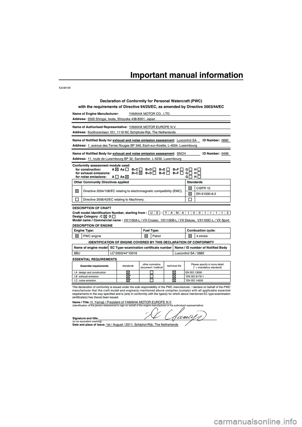 YAMAHA VX 2012 Owners Manual Important manual information
EJU30126
Declaration of Conformity for Personal Watercraft (PWC)
with the requirements of Directive 94/25/EC, as amended by Directive 2003/44/EC
Name of Engine Manufacture YAMAHA VX 2012 Owners Manual Important manual information
EJU30126
Declaration of Conformity for Personal Watercraft (PWC)
with the requirements of Directive 94/25/EC, as amended by Directive 2003/44/EC
Name of Engine Manufacture