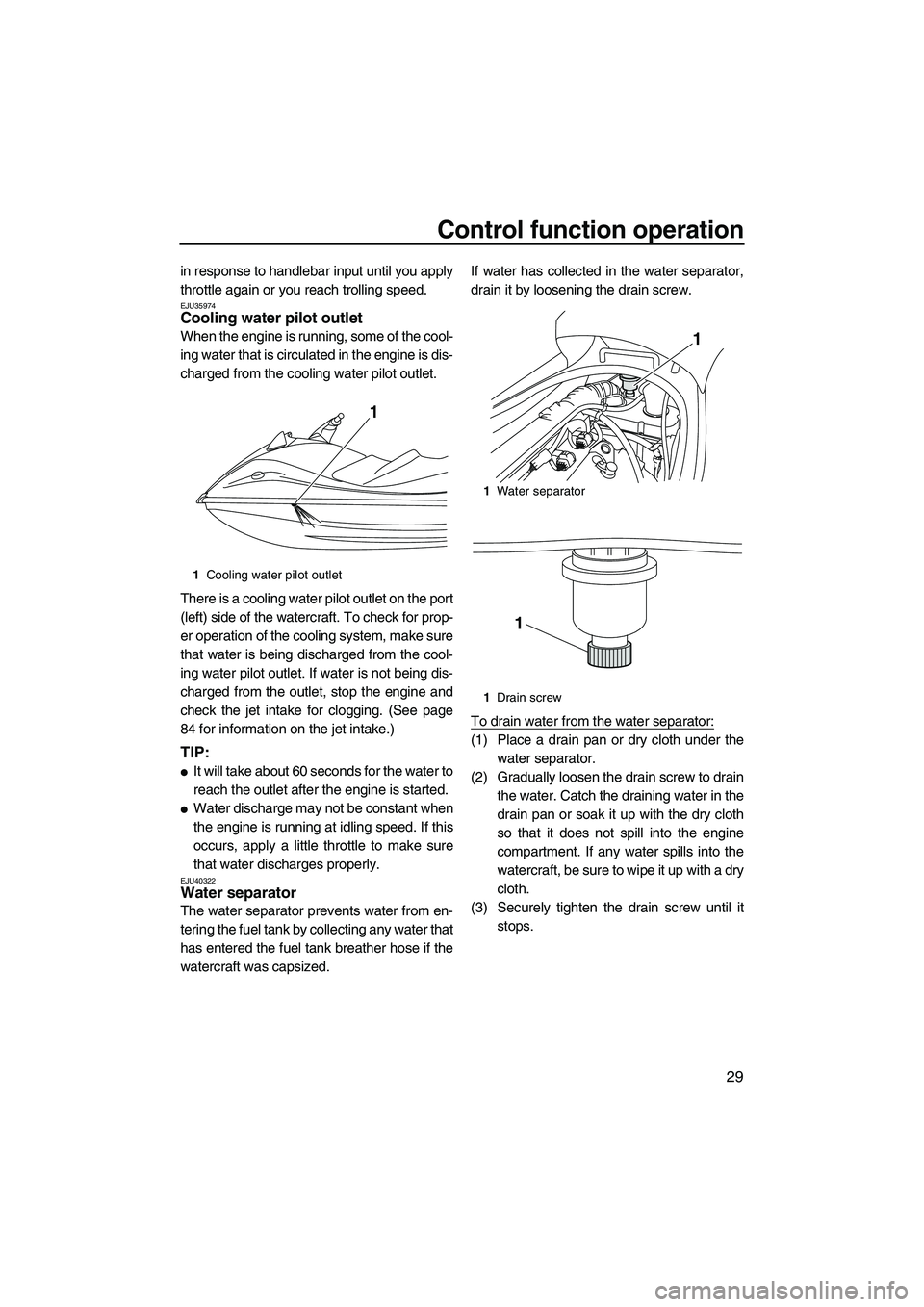 YAMAHA VX 2012  Owners Manual Control function operation
29
in response to handlebar input until you apply
throttle again or you reach trolling speed.
EJU35974Cooling water pilot outlet 
When the engine is running, some of the coo
