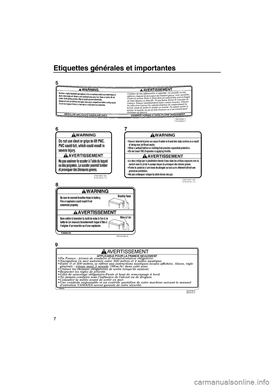 YAMAHA VX DELUXE 2012  Notices Demploi (in French) Etiquettes générales et importantes
7
UF2N72F0.book  Page 7  Friday, July 8, 2011  9:35 AM 