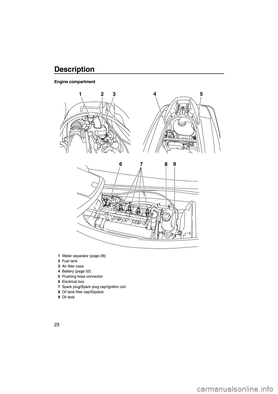 YAMAHA VX CRUISER 2010 User Guide Description
23
Engine compartment
6
789
12
345
1Water separator (page 28)
2Fuel tank
3Air filter case
4Battery (page 52)
5Flushing hose connector
6Electrical box
7Spark plug/Spark plug cap/Ignition co
