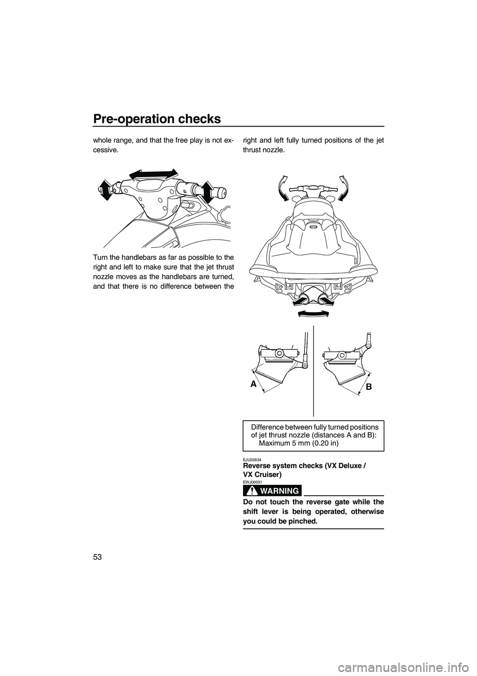 YAMAHA VX DELUXE 2010 Workshop Manual Pre-operation checks
53
whole range, and that the free play is not ex-
cessive.
Turn the handlebars as far as possible to the
right and left to make sure that the jet thrust
nozzle moves as the handle YAMAHA VX DELUXE 2010 Workshop Manual Pre-operation checks
53
whole range, and that the free play is not ex-
cessive.
Turn the handlebars as far as possible to the
right and left to make sure that the jet thrust
nozzle moves as the handle