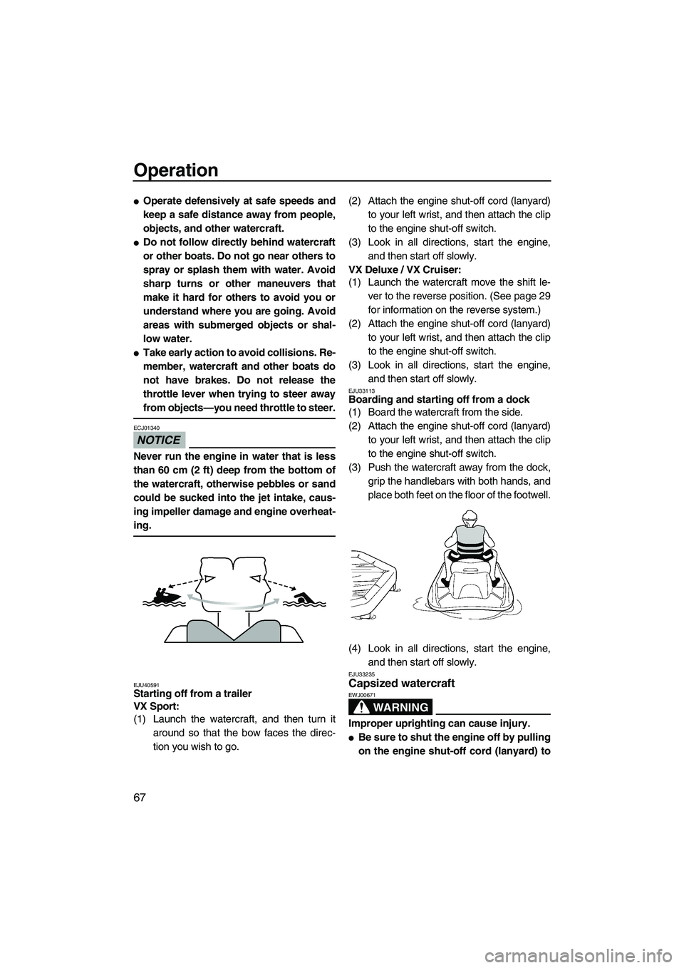 YAMAHA VX 2010  Owners Manual Operation
67
Operate defensively at safe speeds and
keep a safe distance away from people,
objects, and other watercraft.
Do not follow directly behind watercraft
or other boats. Do not go near othe