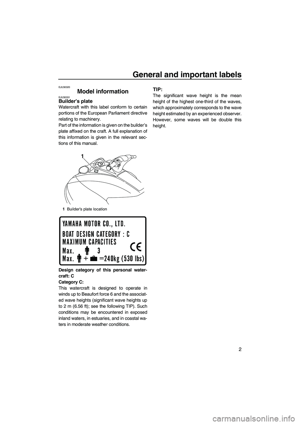 YAMAHA VX 2010  Owners Manual General and important labels
2
EJU30320
Model information EJU30331Builder’s plate 
Watercraft with this label conform to certain
portions of the European Parliament directive
relating to machinery.
