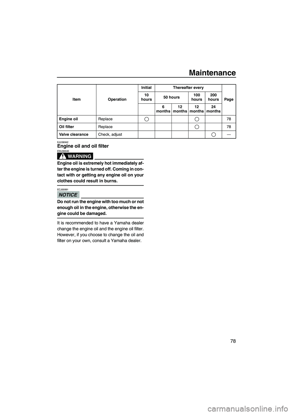 YAMAHA VX 2010 Owners Manual Maintenance
78
EJU36942Engine oil and oil filter 
WARNING
EWJ00340
Engine oil is extremely hot immediately af-
ter the engine is turned off. Coming in con-
tact with or getting any engine oil on your
