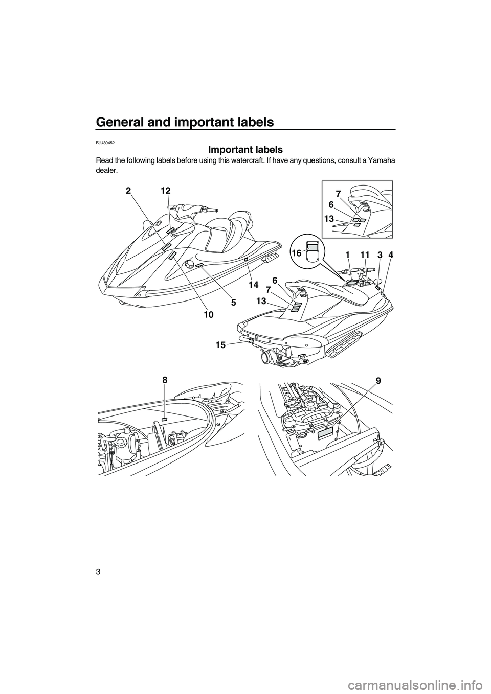 YAMAHA VX SPORT 2010  Owners Manual General and important labels
3
EJU30452
Important labels 
Read the following labels before using this watercraft. If have any questions, consult a Yamaha
dealer.
2
15
98
13
6
7
16
6
7
13
11134
12
10
5