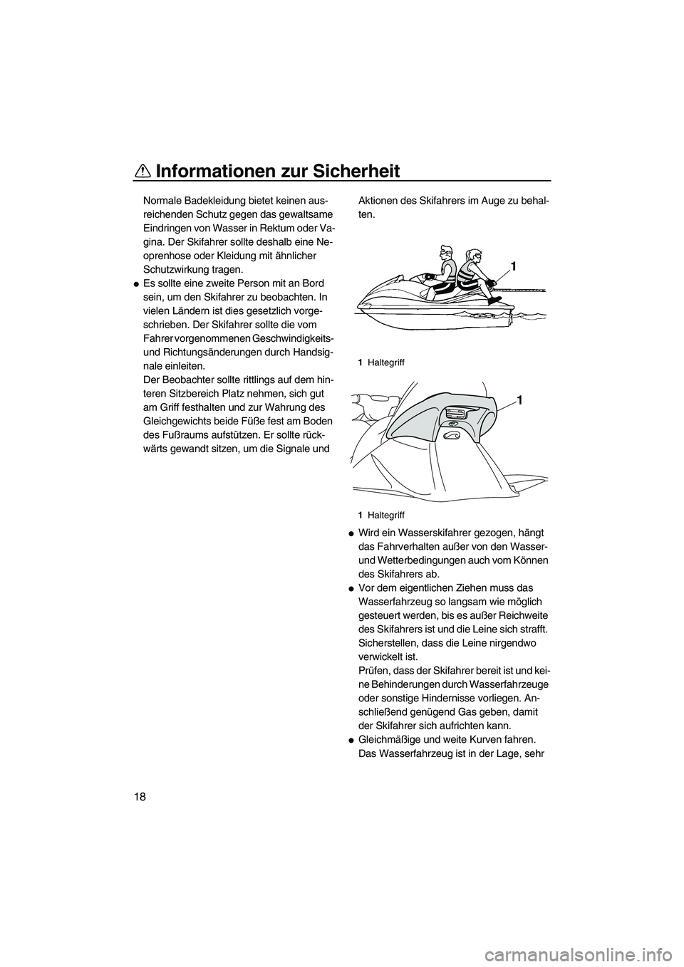 YAMAHA VX 2010  Betriebsanleitungen (in German) Informationen zur Sicherheit
18
Normale Badekleidung bietet keinen aus-
reichenden Schutz gegen das gewaltsame 
Eindringen von Wasser in Rektum oder Va-
gina. Der Skifahrer sollte deshalb eine Ne-
opr