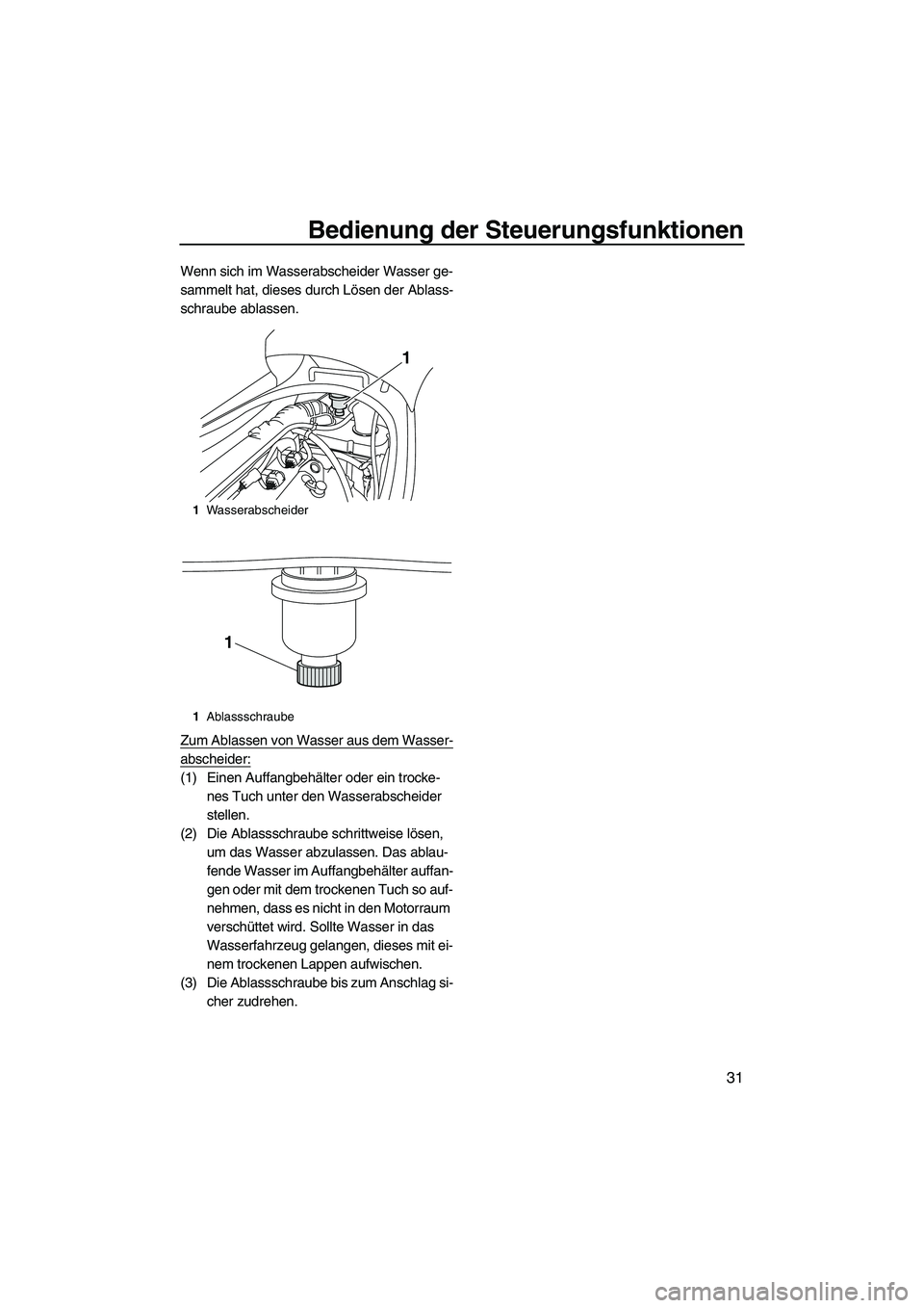 YAMAHA VX CRUISER 2010  Betriebsanleitungen (in German) Bedienung der Steuerungsfunktionen
31
Wenn sich im Wasserabscheider Wasser ge-
sammelt hat, dieses durch Lösen der Ablass-
schraube ablassen.
Zum Ablassen von Wasser aus dem Wasser-
abscheider:
(1) E