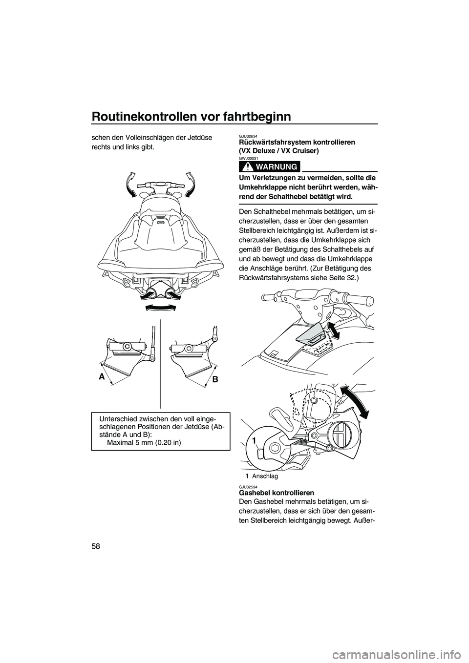 YAMAHA VX 2010 Betriebsanleitungen (in German) Routinekontrollen vor fahrtbeginn
58
schen den Volleinschlägen der Jetdüse
rechts und links gibt.GJU32634Rückwärtsfahrsystem kontrollieren
(VX Deluxe / VX Cruiser)
WARNUNG
GWJ00031
Um Verletzun YAMAHA VX 2010 Betriebsanleitungen (in German) Routinekontrollen vor fahrtbeginn
58
schen den Volleinschlägen der Jetdüse
rechts und links gibt.GJU32634Rückwärtsfahrsystem kontrollieren
(VX Deluxe / VX Cruiser)
WARNUNG
GWJ00031
Um Verletzun