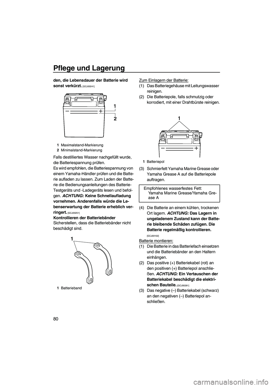 YAMAHA VX 2010  Betriebsanleitungen (in German) Pflege und Lagerung
80
den, die Lebensdauer der Batterie wird 
sonst verkürzt.
 [GCJ00241]
Falls destilliertes Wasser nachgefüllt wurde, 
die Batteriespannung prüfen.
Es wird empfohlen, die Batteri