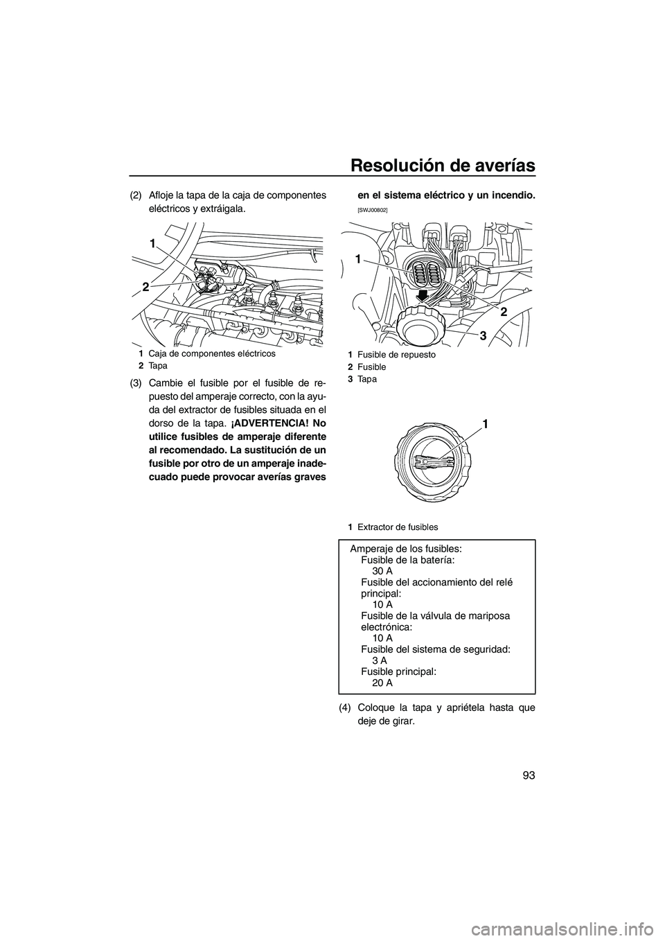 YAMAHA VX SPORT 2010  Manuale de Empleo (in Spanish) Resolución de averías
93
(2) Afloje la tapa de la caja de componentes
eléctricos y extráigala.
(3) Cambie el fusible por el fusible de re-
puesto del amperaje correcto, con la ayu-
da del extracto