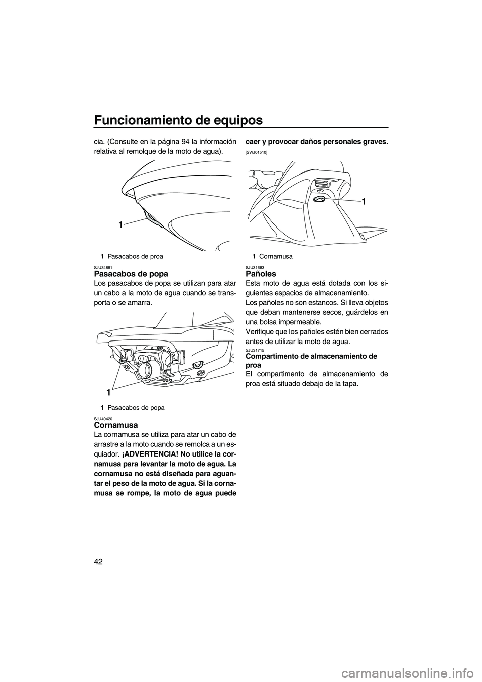 YAMAHA VX SPORT 2010  Manuale de Empleo (in Spanish) Funcionamiento de equipos
42
cia. (Consulte en la página 94 la información
relativa al remolque de la moto de agua).
SJU34881Pasacabos de popa 
Los pasacabos de popa se utilizan para atar
un cabo a 