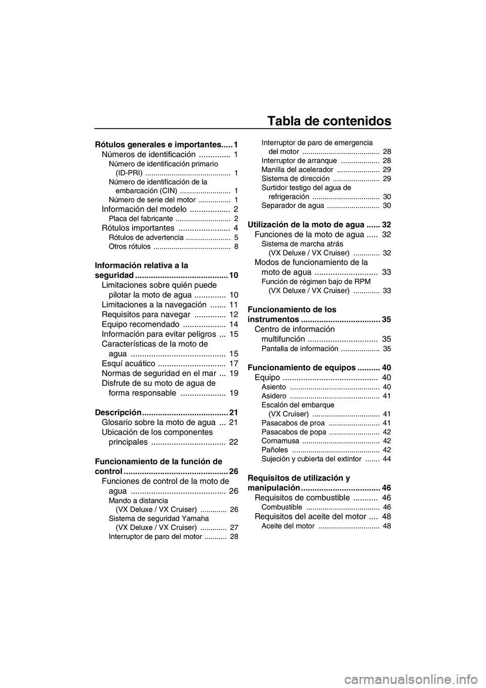 YAMAHA VX DELUXE 2010  Manuale de Empleo (in Spanish) Tabla de contenidos
Rótulos generales e importantes..... 1
Números de identificación ..............  1
Número de identificación primario 
(ID-PRI) ..........................................  1
N�