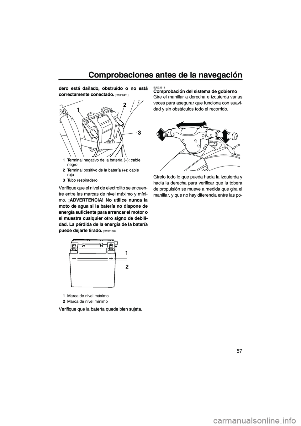 YAMAHA VX CRUISER 2010  Manuale de Empleo (in Spanish) Comprobaciones antes de la navegación
57
dero está dañado, obstruido o no está
correctamente conectado.
 [SWJ00451]
Verifique que el nivel de electrolito se encuen-
tre entre las marcas de nivel m