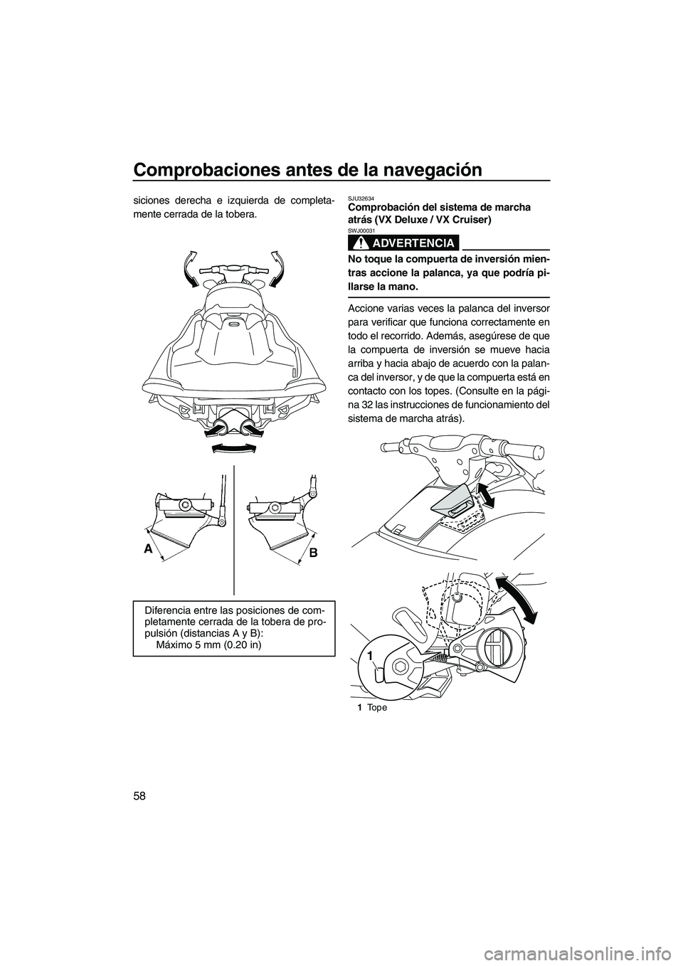 YAMAHA VX CRUISER 2010 Manuale de Empleo (in Spanish) Comprobaciones antes de la navegación
58
siciones derecha e izquierda de completa-
mente cerrada de la tobera.SJU32634Comprobación del sistema de marcha
atrás (VX Deluxe / VX Cruiser)
ADVERTENCIA YAMAHA VX CRUISER 2010 Manuale de Empleo (in Spanish) Comprobaciones antes de la navegación
58
siciones derecha e izquierda de completa-
mente cerrada de la tobera.SJU32634Comprobación del sistema de marcha
atrás (VX Deluxe / VX Cruiser)
ADVERTENCIA
