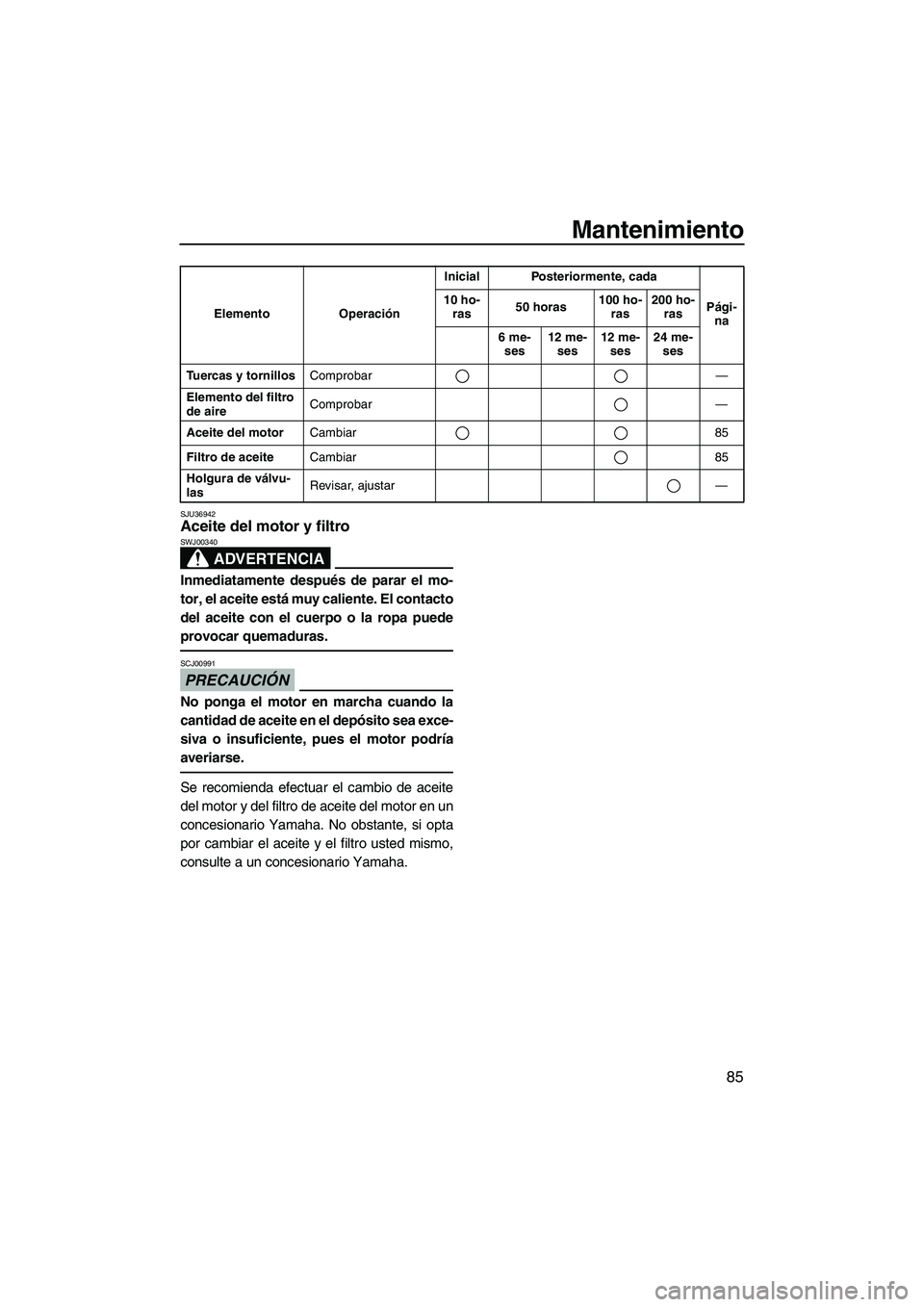 YAMAHA VX DELUXE 2010 Manuale de Empleo (in Spanish) Mantenimiento
85
SJU36942Aceite del motor y filtro
ADVERTENCIA
SWJ00340
Inmediatamente después de parar el mo-
tor, el aceite está muy caliente. El contacto
del aceite con el cuerpo o la ropa puede YAMAHA VX DELUXE 2010 Manuale de Empleo (in Spanish) Mantenimiento
85
SJU36942Aceite del motor y filtro
ADVERTENCIA
SWJ00340
Inmediatamente después de parar el mo-
tor, el aceite está muy caliente. El contacto
del aceite con el cuerpo o la ropa puede