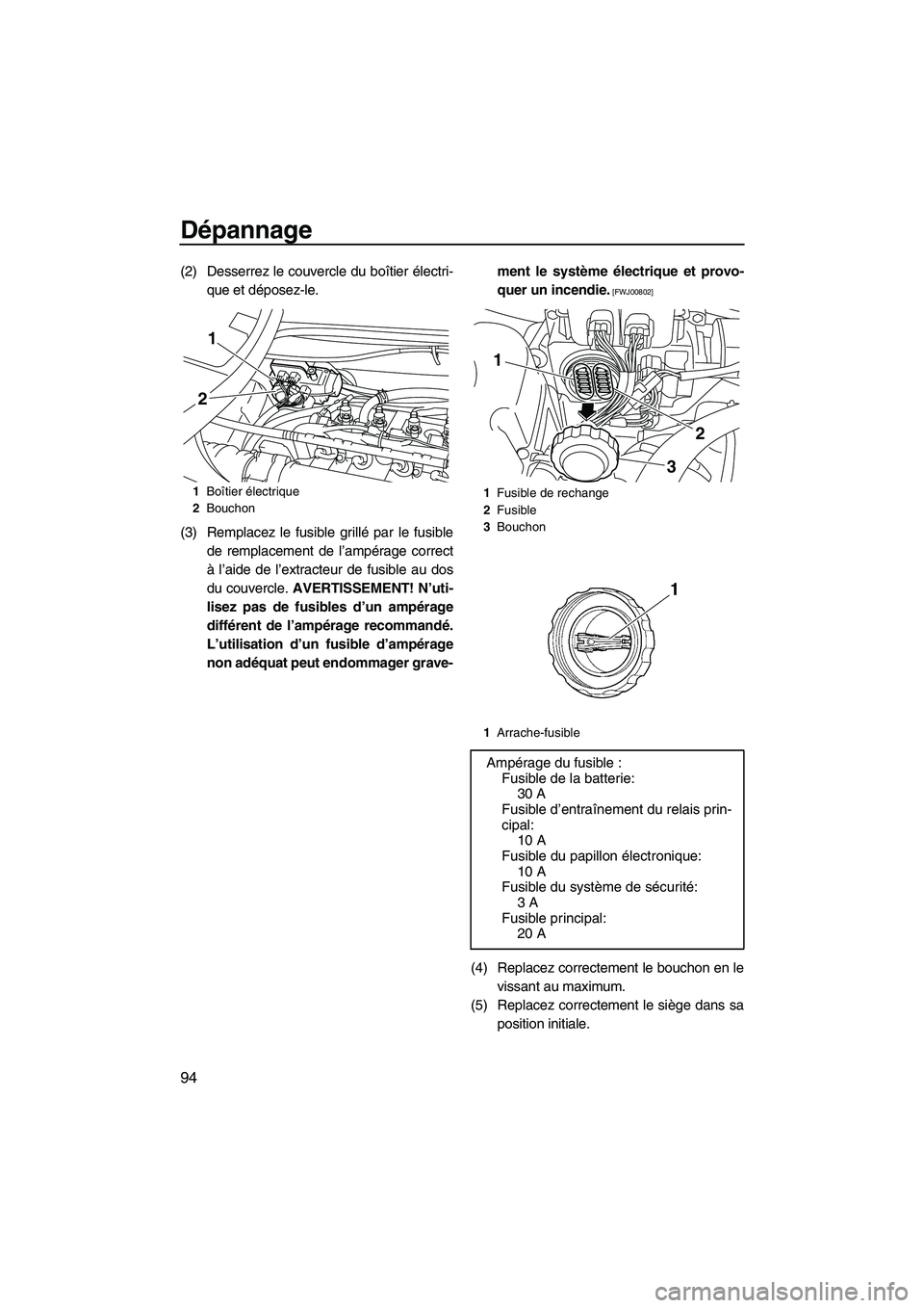 YAMAHA VX SPORT 2010  Notices Demploi (in French) Dépannage
94
(2) Desserrez le couvercle du boîtier électri-
que et déposez-le.
(3) Remplacez le fusible grillé par le fusible
de remplacement de l’ampérage correct
à l’aide de l’extracteu