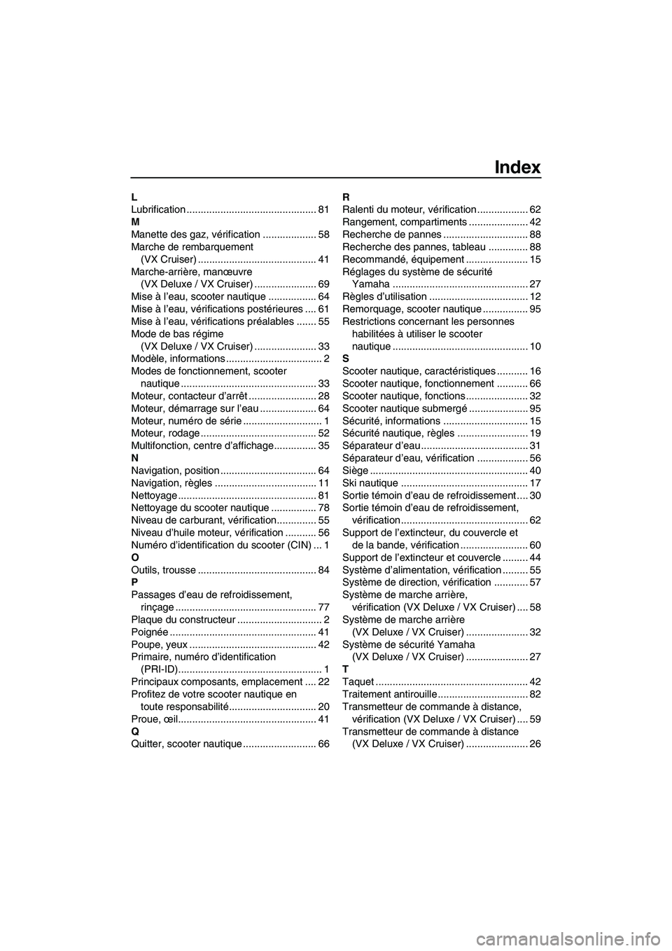 YAMAHA VX SPORT 2010  Notices Demploi (in French) Index
L
Lubrification .............................................. 81
M
Manette des gaz, vérification ................... 58
Marche de rembarquement 
(VX Cruiser) ..................................