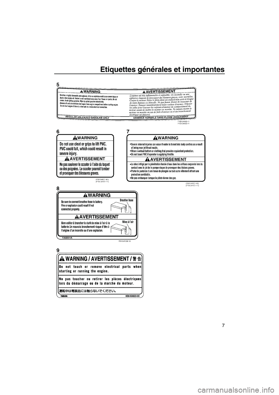 YAMAHA VX SPORT 2010  Notices Demploi (in French) Etiquettes générales et importantes
7
UF2N70F0.book  Page 7  Thursday, October 8, 2009  12:58 PM 
