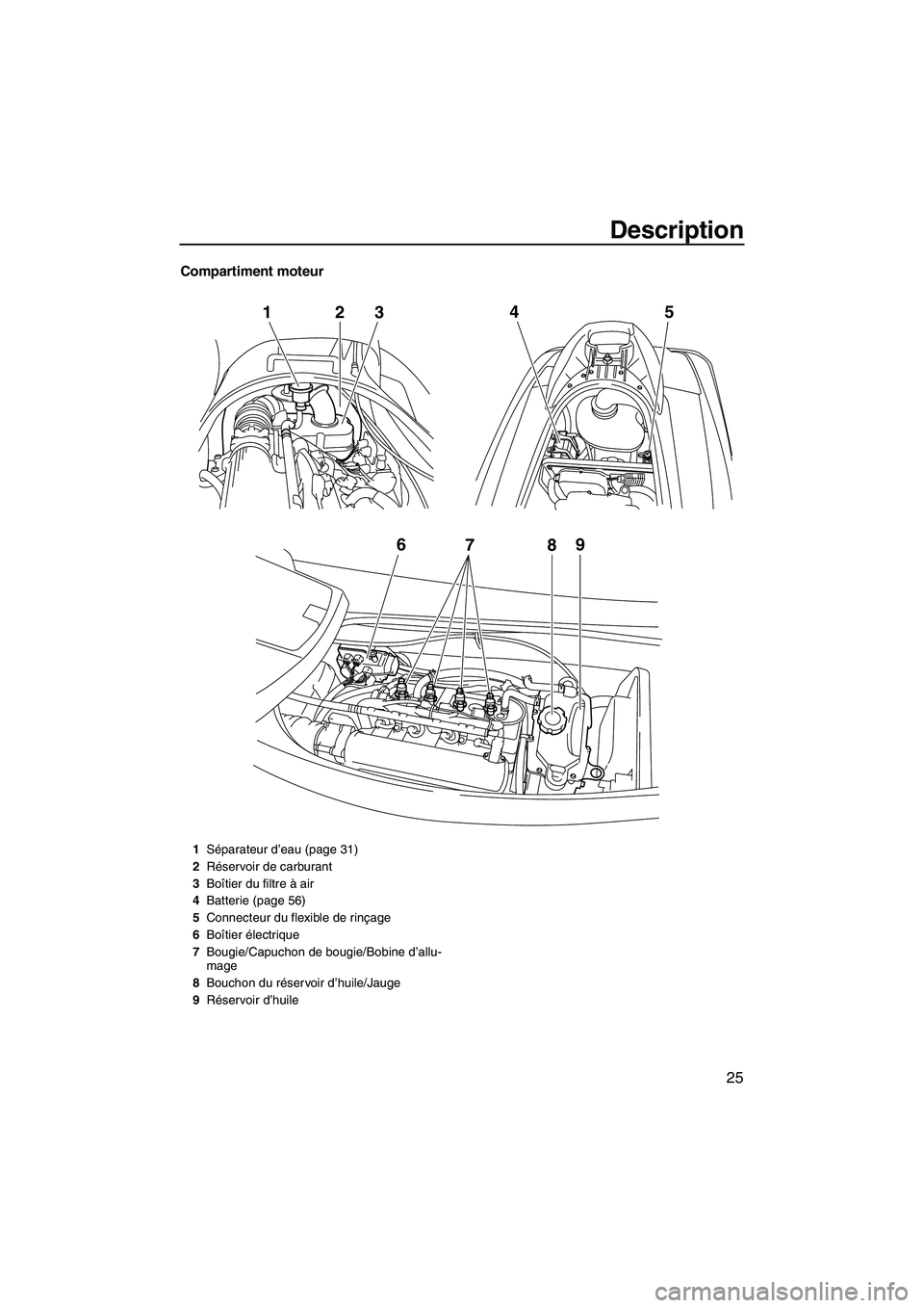 YAMAHA VX SPORT 2010  Notices Demploi (in French) Description
25
Compartiment moteur
6
789
12
345
1Séparateur d’eau (page 31)
2Réservoir de carburant
3Boîtier du filtre à air
4Batterie (page 56)
5Connecteur du flexible de rinçage
6Boîtier él