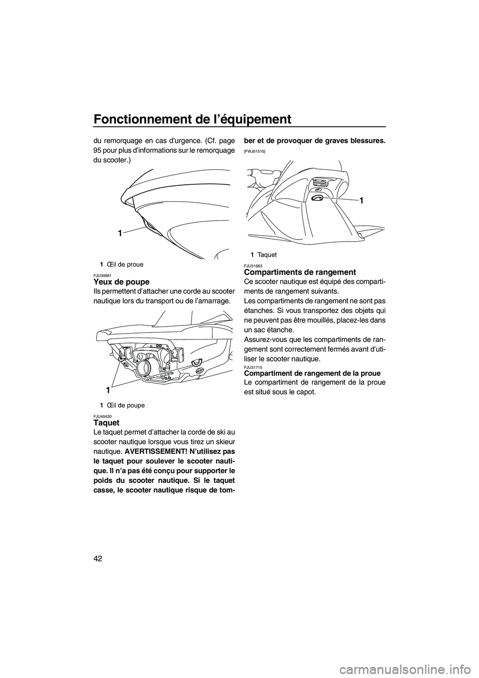 YAMAHA VX CRUISER 2010 Notices Demploi (in French) Fonctionnement de l’équipement
42
du remorquage en cas d’urgence. (Cf. page
95 pour plus d’informations sur le remorquage
du scooter.)
FJU34881Yeux de poupe
Ils permettent d’attacher une cor YAMAHA VX CRUISER 2010 Notices Demploi (in French) Fonctionnement de l’équipement
42
du remorquage en cas d’urgence. (Cf. page
95 pour plus d’informations sur le remorquage
du scooter.)
FJU34881Yeux de poupe
Ils permettent d’attacher une cor