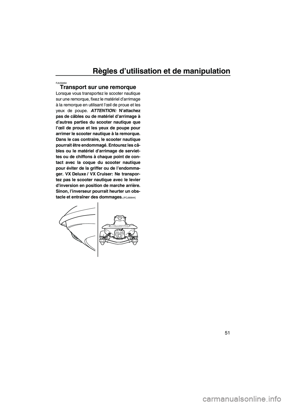 YAMAHA VX 2010  Notices Demploi (in French) Règles d’utilisation et de manipulation
51
FJU33464
Transport sur une remorque 
Lorsque vous transportez le scooter nautique
sur une remorque, fixez le matériel d’arrimage
à la remorque en util