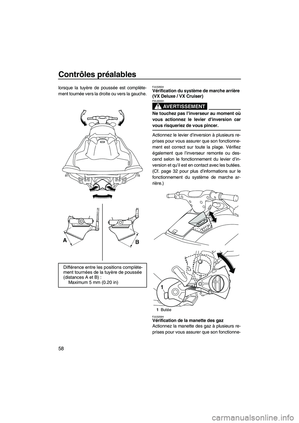 YAMAHA VX CRUISER 2010  Notices Demploi (in French) Contrôles préalables
58
lorsque la tuyère de poussée est complète-
ment tournée vers la droite ou vers la gauche.FJU32634Vérification du système de marche arrière 
(VX Deluxe / VX Cruiser) 
A