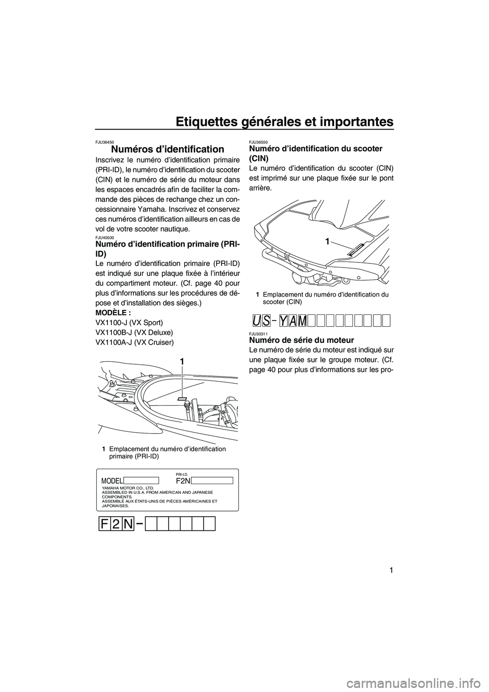YAMAHA VX SPORT 2010 Notices Demploi (in French) Etiquettes générales et importantes
1
FJU36450
Numéros d’identification
Inscrivez le numéro d’identification primaire
(PRI-ID), le numéro d’identification du scooter
(CIN) et le numéro de YAMAHA VX SPORT 2010 Notices Demploi (in French) Etiquettes générales et importantes
1
FJU36450
Numéros d’identification
Inscrivez le numéro d’identification primaire
(PRI-ID), le numéro d’identification du scooter
(CIN) et le numéro de