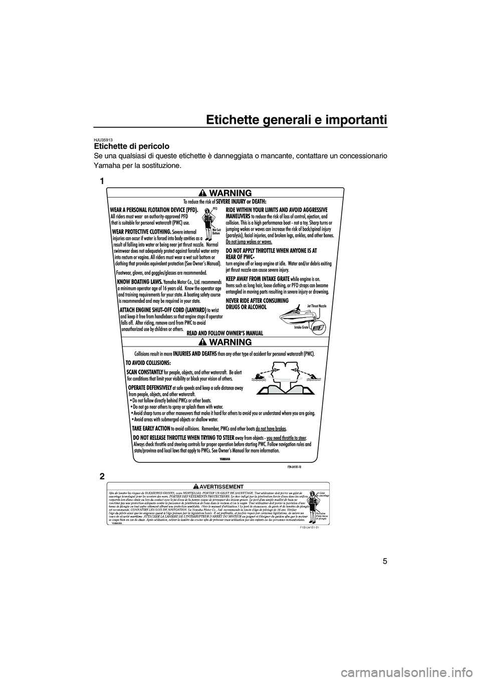 YAMAHA VX DELUXE 2010  Manuale duso (in Italian) Etichette generali e importanti
5
HJU35913Etichette di pericolo 
Se una qualsiasi di queste etichette è danneggiata o mancante, contattare un concessionario
Yamaha per la sostituzione.
1
2
UF2N70H0.b