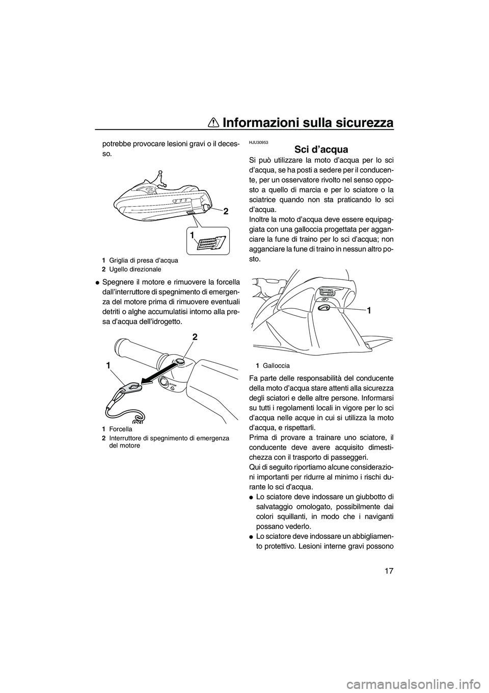 YAMAHA VX DELUXE 2010  Manuale duso (in Italian) Informazioni sulla sicurezza
17
potrebbe provocare lesioni gravi o il deces-
so.
Spegnere il motore e rimuovere la forcella
dall’interruttore di spegnimento di emergen-
za del motore prima di rimuo