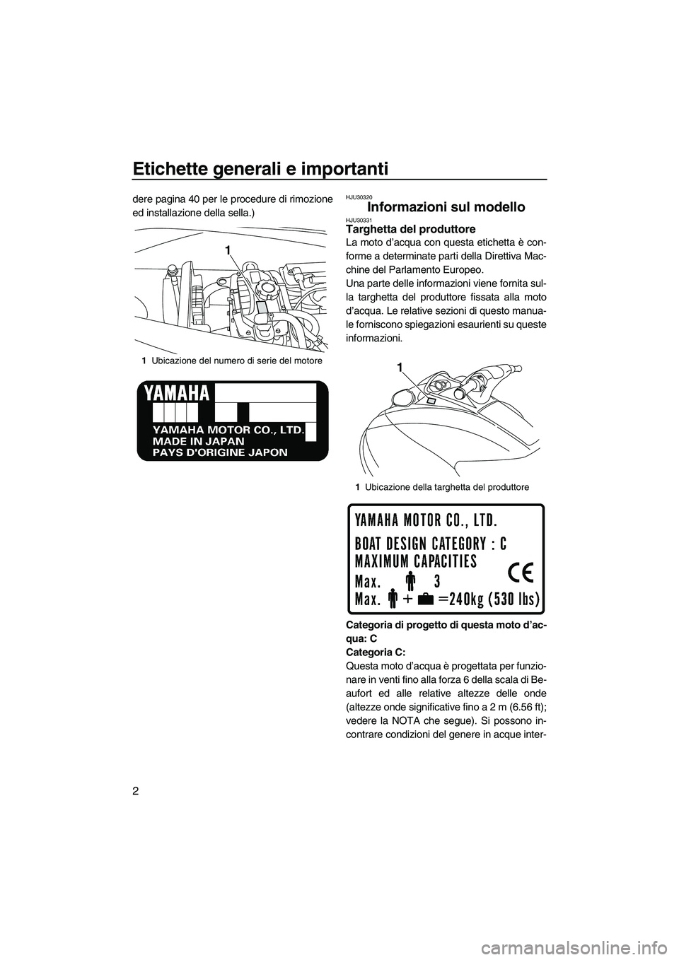 YAMAHA VX SPORT 2010  Manuale duso (in Italian) Etichette generali e importanti
2
dere pagina 40 per le procedure di rimozione
ed installazione della sella.)HJU30320
Informazioni sul modello HJU30331Targhetta del produttore 
La moto d’acqua con q