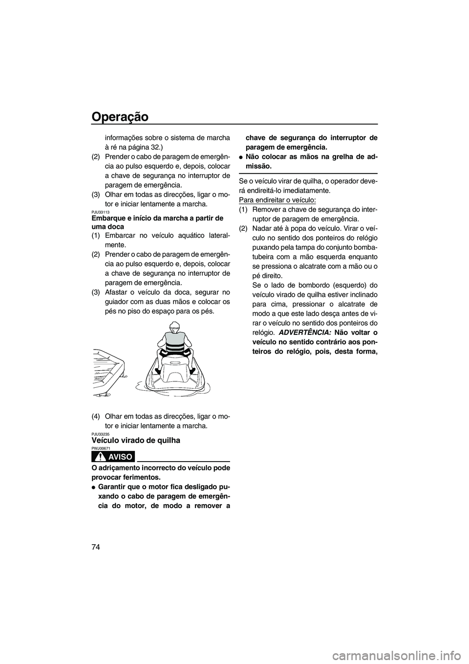 YAMAHA VX 2010  Manual de utilização (in Portuguese) Operação
74
informações sobre o sistema de marcha
à ré na página 32.)
(2) Prender o cabo de paragem de emergên-
cia ao pulso esquerdo e, depois, colocar
a chave de segurança no interruptor de