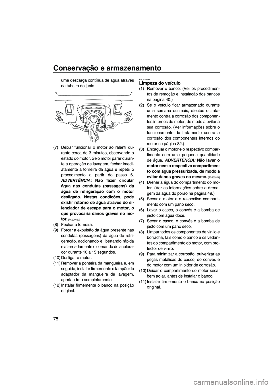 YAMAHA VX 2010  Manual de utilização (in Portuguese) Conservação e armazenamento
78
uma descarga contínua de água através
da tubeira do jacto.
(7) Deixar funcionar o motor ao ralenti du-
rante cerca de 3 minutos, observando o
estado do motor. Se o 