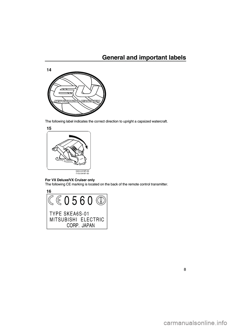 YAMAHA VX 2009  Owners Manual General and important labels
8
The following label indicates the correct direction to upright a capsized watercraft.
For VX Deluxe/VX Cruiser only
The following CE marking is located on the back of th
