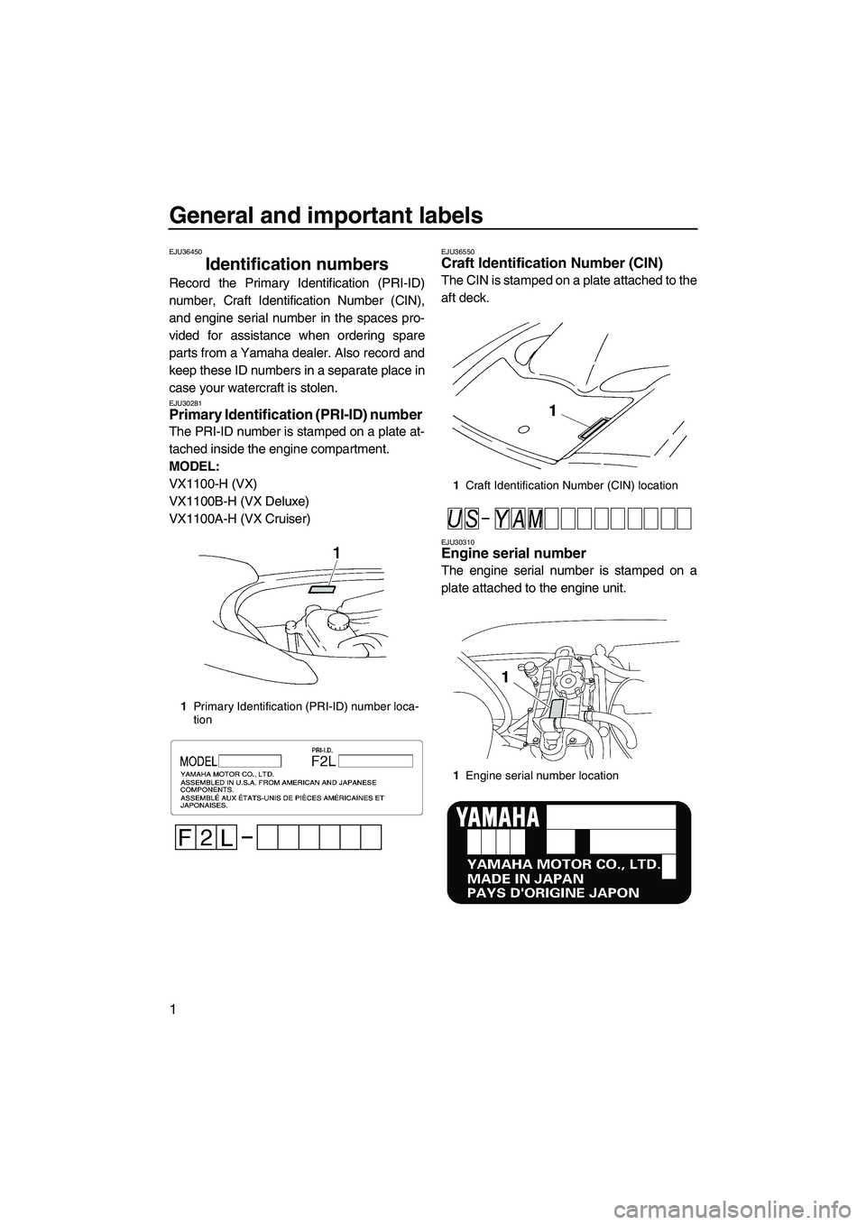 YAMAHA VX SPORT 2009  Owners Manual General and important labels
1
EJU36450
Identification numbers 
Record the Primary Identification (PRI-ID)
number, Craft Identification Number (CIN),
and engine serial number in the spaces pro-
vided 