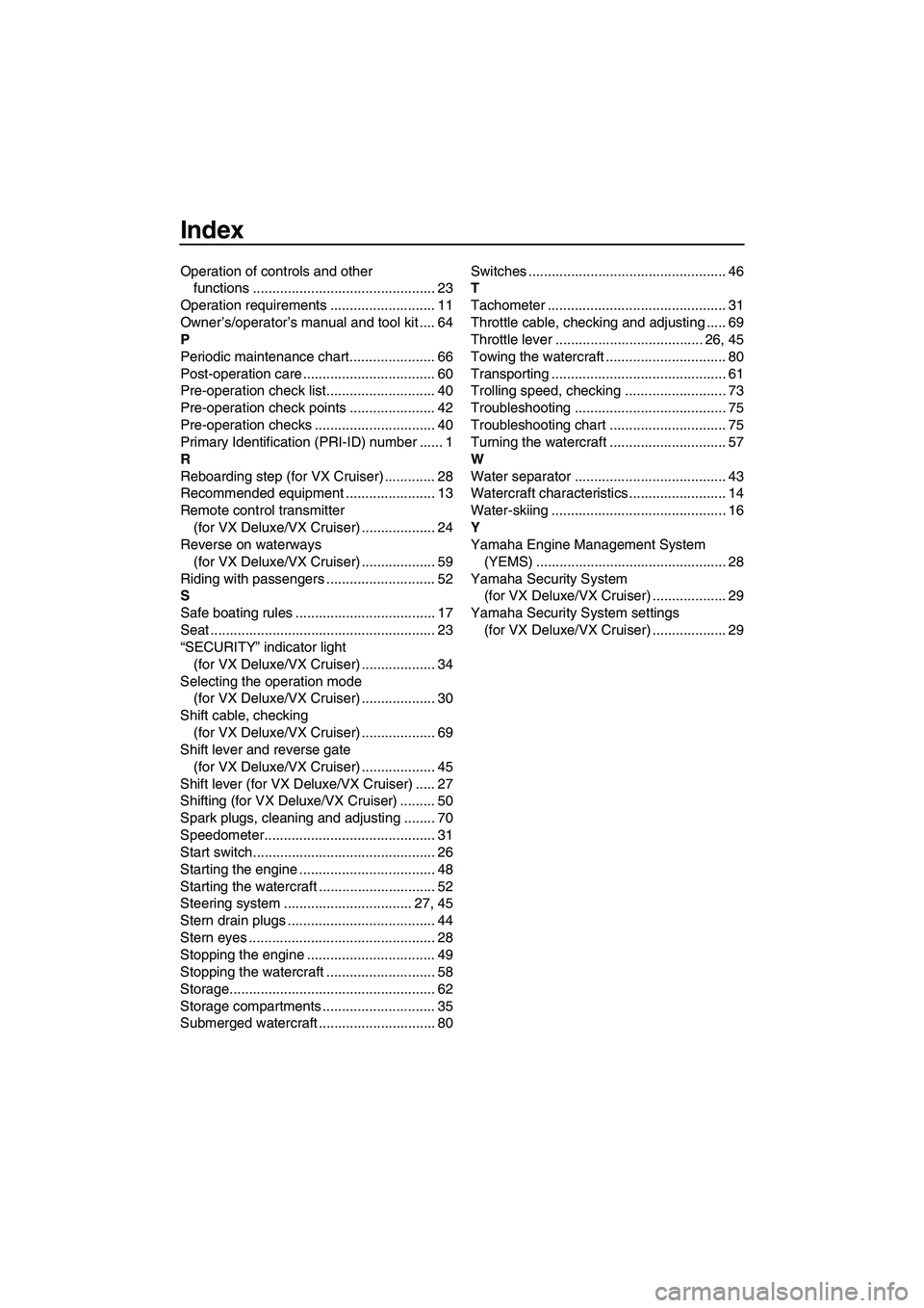 YAMAHA VX 2009 Owners Guide Index
Operation of controls and other
functions ............................................... 23
Operation requirements ........................... 11
Owner’s/operator’s manual and tool kit ... YAMAHA VX 2009 Owners Guide Index
Operation of controls and other
functions ............................................... 23
Operation requirements ........................... 11
Owner’s/operator’s manual and tool kit ...