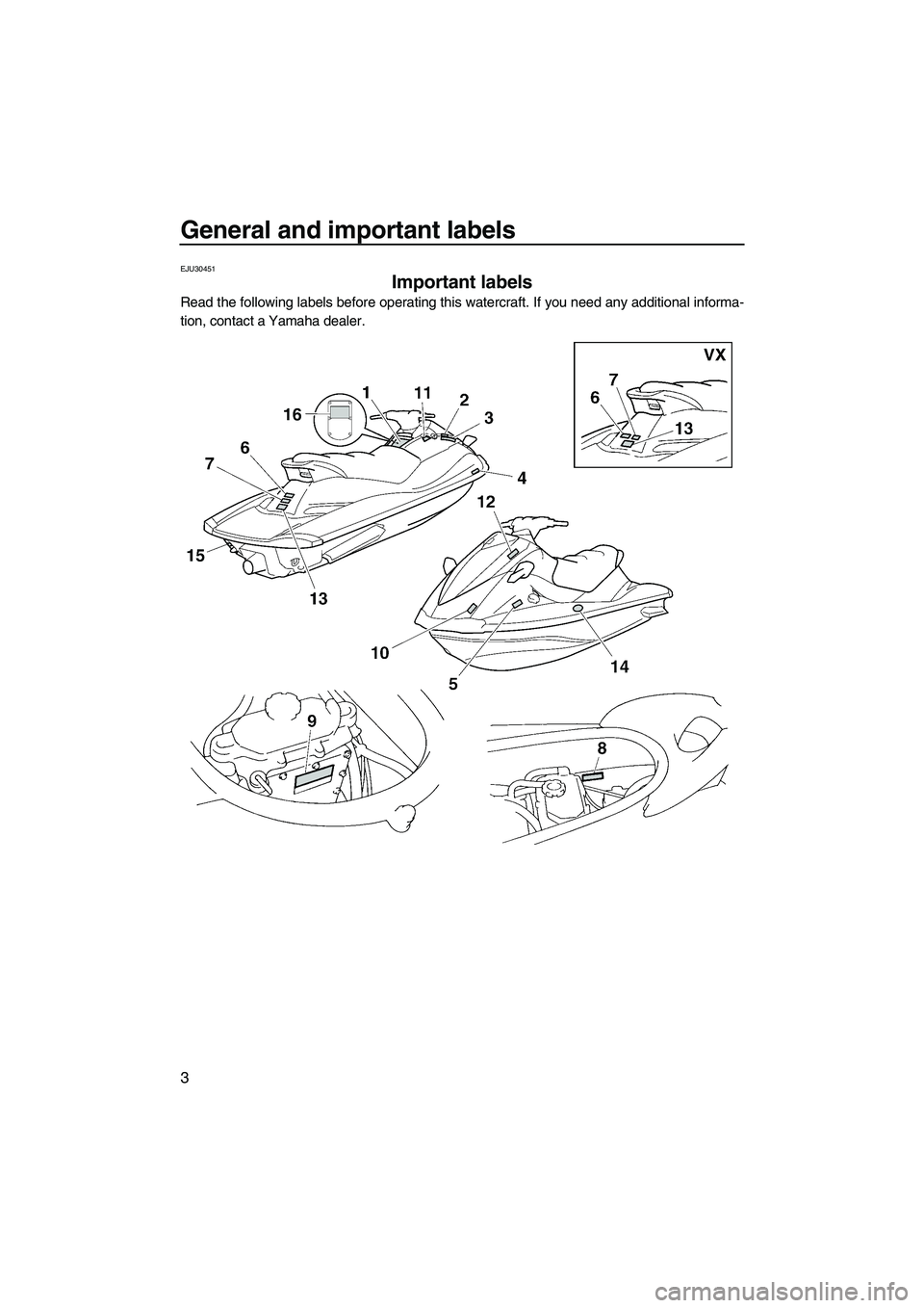 YAMAHA VX 2009  Owners Manual General and important labels
3
EJU30451
Important labels 
Read the following labels before operating this watercraft. If you need any additional informa-
tion, contact a Yamaha dealer.
UF2L70E0.book  