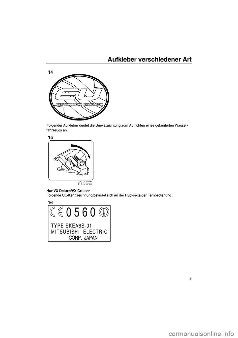 YAMAHA VX 2009  Betriebsanleitungen (in German) Aufkleber verschiedener Art
8
Folgender Aufkleber deutet die Umwälzrichtung zum Aufrichten eines gekenterten Wasser-
fahrzeugs an.
Nur VX Deluxe/VX Cruiser
Folgende CE-Kennzeichnung befindet sich an 