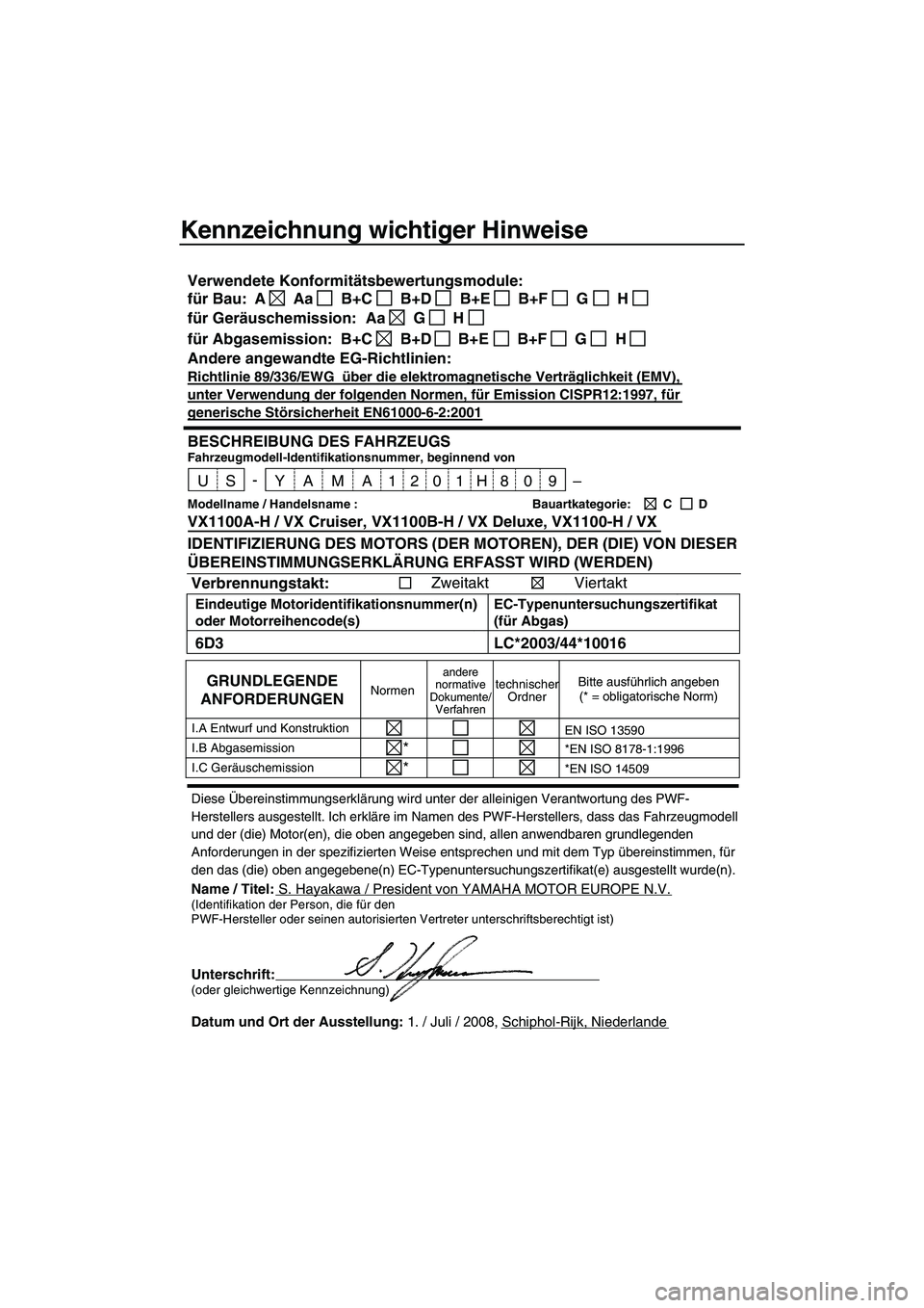 YAMAHA VX 2009 Betriebsanleitungen (in German) Kennzeichnung wichtiger Hinweise
Diese Übereinstimmungserklärung wird unter der alleinigen Verantwortung des PWF-
Herstellers ausgestellt. Ich erkläre im Namen des PWF-Herstellers, dass das Fahrzeu YAMAHA VX 2009 Betriebsanleitungen (in German) Kennzeichnung wichtiger Hinweise
Diese Übereinstimmungserklärung wird unter der alleinigen Verantwortung des PWF-
Herstellers ausgestellt. Ich erkläre im Namen des PWF-Herstellers, dass das Fahrzeu