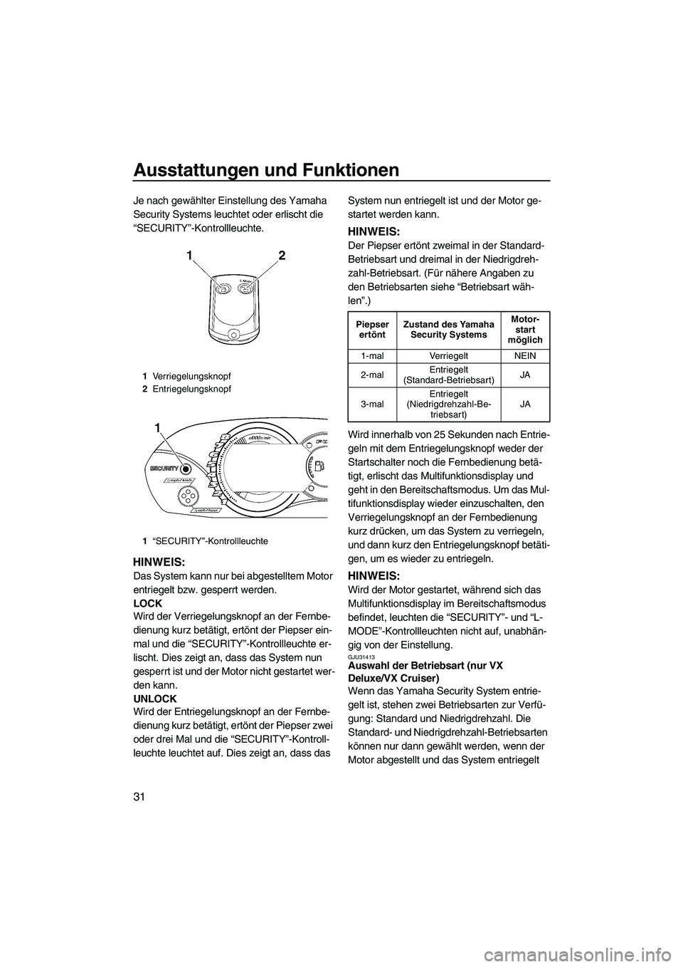 YAMAHA VX 2009  Betriebsanleitungen (in German) Ausstattungen und Funktionen
31
Je nach gewählter Einstellung des Yamaha 
Security Systems leuchtet oder erlischt die 
“SECURITY”-Kontrollleuchte.
HINWEIS:
Das System kann nur bei abgestelltem Mo