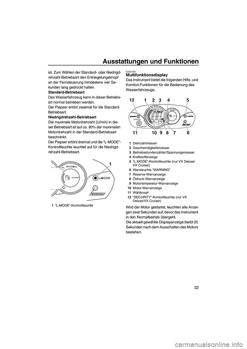 YAMAHA VX 2009  Betriebsanleitungen (in German) Ausstattungen und Funktionen
32
ist. Zum Wählen der Standard- oder Niedrigd-
rehzahl-Betriebsart den Entriegelungsknopf 
an der Fernsteuerung mindestens vier Se-
kunden lang gedrückt halten.
Standar
