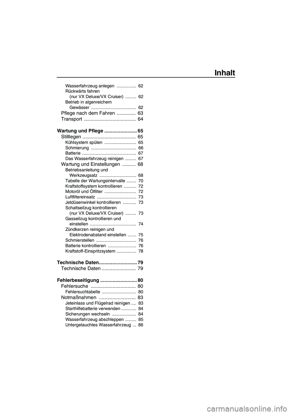 YAMAHA VX SPORT 2009  Betriebsanleitungen (in German) Inhalt
Wasserfahrzeug anlegen  ................  62
Rückwärts fahren 
(nur VX Deluxe/VX Cruiser)  .........  62
Betrieb in algenreichem 
Gewässer .....................................  62
Pflege na