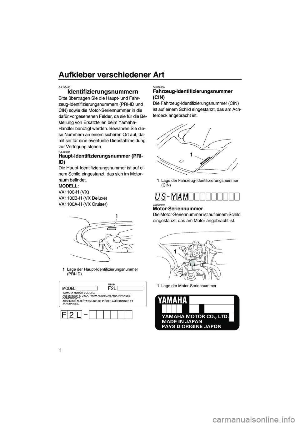 YAMAHA VX 2009 Betriebsanleitungen (in German) Aufkleber verschiedener Art
1
GJU36450
Identifizierungsnummern
Bitte übertragen Sie die Haupt- und Fahr-
zeug-Identifizierungsnummern (PRI-ID und
CIN) sowie die Motor-Seriennummer in die
dafür vo YAMAHA VX 2009 Betriebsanleitungen (in German) Aufkleber verschiedener Art
1
GJU36450
Identifizierungsnummern
Bitte übertragen Sie die Haupt- und Fahr-
zeug-Identifizierungsnummern (PRI-ID und
CIN) sowie die Motor-Seriennummer in die
dafür vo