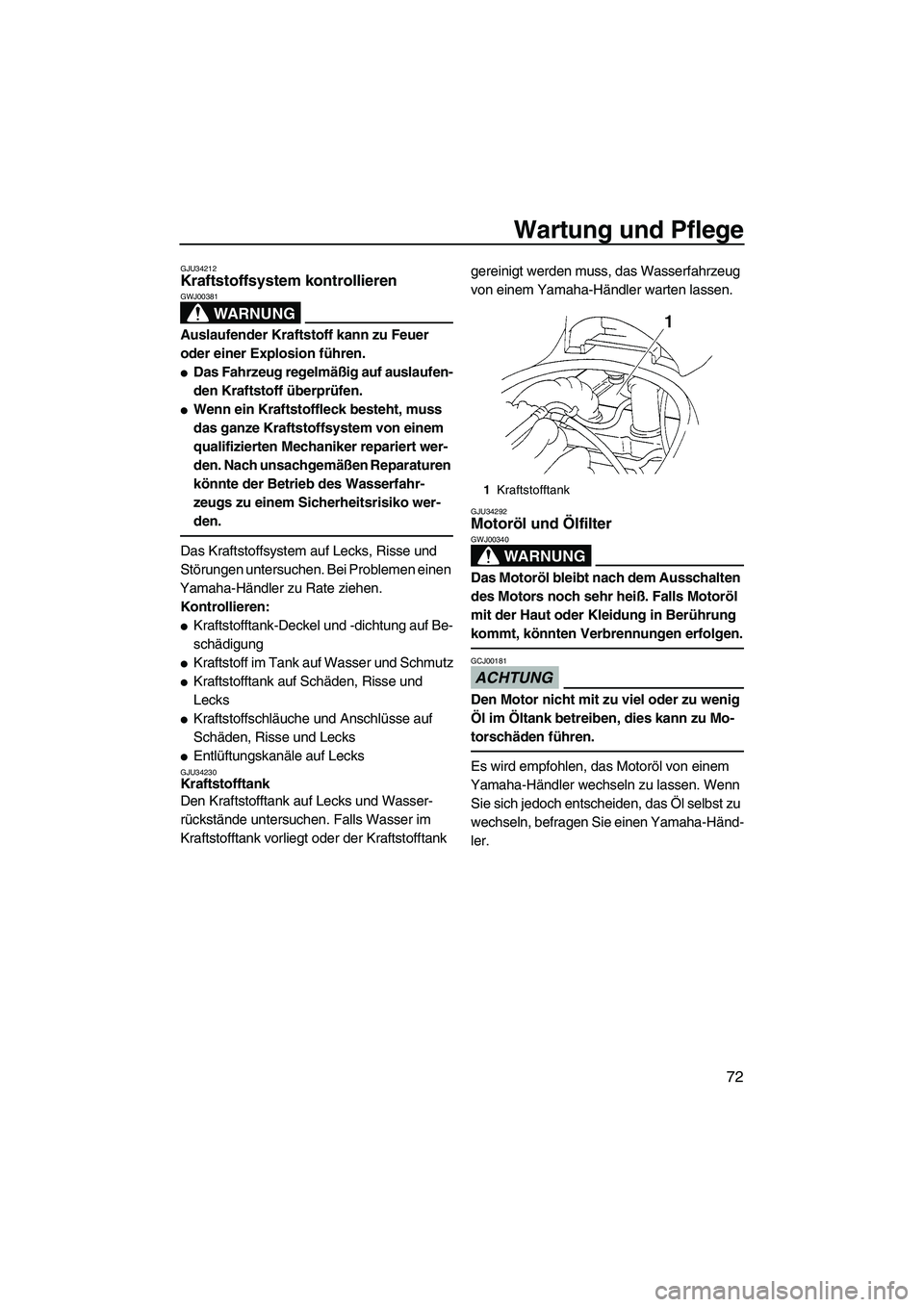 YAMAHA VX 2009  Betriebsanleitungen (in German) Wartung und Pflege
72
GJU34212Kraftstoffsystem kontrollieren 
WARNUNG
GWJ00381
Auslaufender Kraftstoff kann zu Feuer 
oder einer Explosion führen.
Das Fahrzeug regelmäßig auf auslaufen-
den Krafts