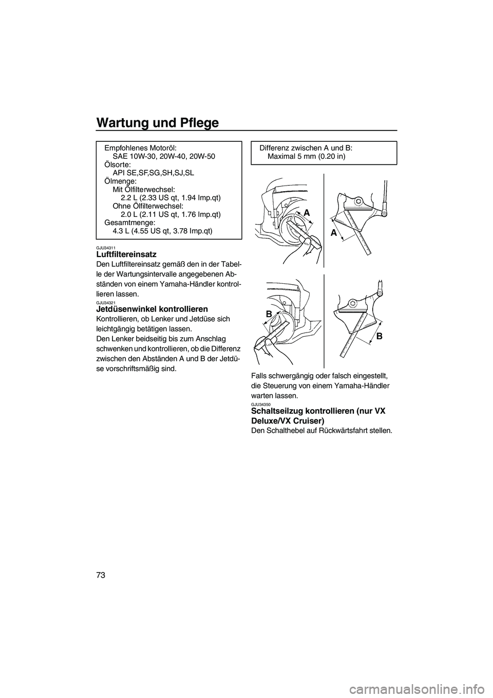 YAMAHA VX 2009  Betriebsanleitungen (in German) Wartung und Pflege
73
GJU34311Luftfiltereinsatz 
Den Luftfiltereinsatz gemäß den in der Tabel-
le der Wartungsintervalle angegebenen Ab-
ständen von einem Yamaha-Händler kontrol-
lieren lassen.
GJ