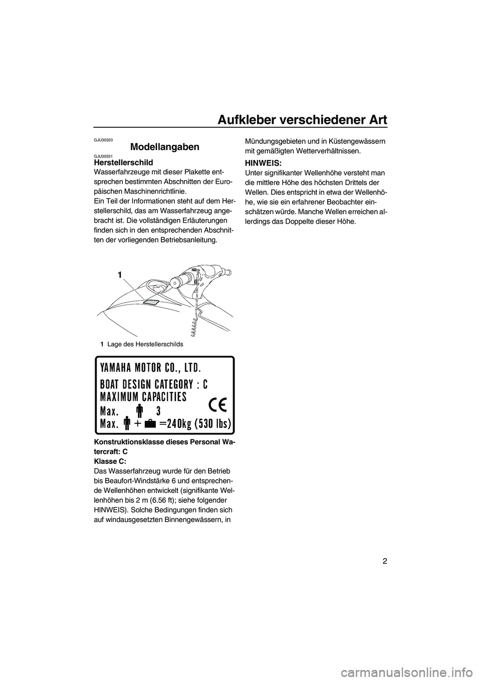 YAMAHA VX SPORT 2009  Betriebsanleitungen (in German) Aufkleber verschiedener Art
2
GJU30320
Modellangaben GJU30331Herstellerschild 
Wasserfahrzeuge mit dieser Plakette ent-
sprechen bestimmten Abschnitten der Euro-
päischen Maschinenrichtlinie.
Ein Tei