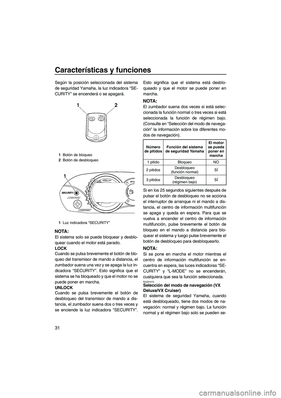 YAMAHA VX 2009  Manuale de Empleo (in Spanish) Características y funciones
31
Según la posición seleccionada del sistema
de seguridad Yamaha, la luz indicadora “SE-
CURITY” se encenderá o se apagará.
NOTA:
El sistema solo se puede bloquea