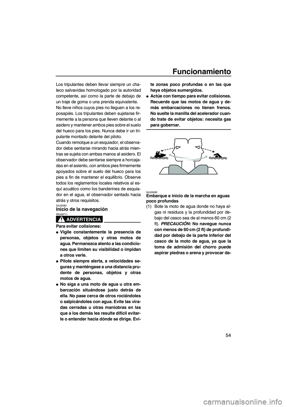 YAMAHA VX SPORT 2009 Manuale de Empleo (in Spanish) Funcionamiento
54
Los tripulantes deben llevar siempre un cha-
leco salvavidas homologado por la autoridad
competente, así como la parte de debajo de
un traje de goma o una prenda equivalente.
No lle YAMAHA VX SPORT 2009 Manuale de Empleo (in Spanish) Funcionamiento
54
Los tripulantes deben llevar siempre un cha-
leco salvavidas homologado por la autoridad
competente, así como la parte de debajo de
un traje de goma o una prenda equivalente.
No lle